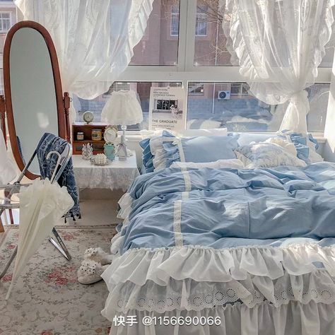 Blue Bedroom Cottagecore, Soft Blue Room Aesthetic, Blue Furniture Aesthetic, Blue Princess Room Aesthetic, Blue Cottagecore Room, Periwinkle Room Aesthetic, Periwinkle Room Ideas, Pastel Blue Room Decor, Blue Cottagecore Bedroom