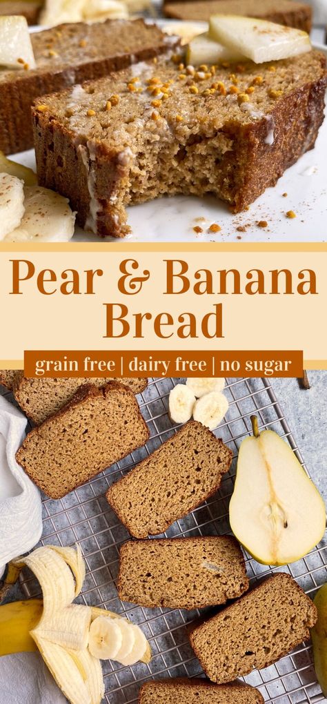 This healthy banana pear bread recipe is gluten free, dairy free and paleo friendly. This pear bread is made with almond flour and only sweetened with fruit - no sugar added. It is the perfect fall loaf! #pearbread #bananapear #paleobread #quickbread Gluten Free Pear Bread, Pear Recipes Healthy, Pear Loaf Recipes, Pear Quick Bread, Inflammatory Meals, Paleo Bread Recipe, Pear Muffins, Pear Bread, Bread Toppings