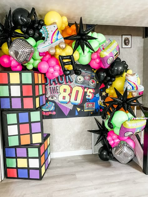 80 Birthday Party Ideas For Men 80s Theme, 80s And 90s Decorations, 1983 Party Theme, Diy 80s Backdrop, 80s Aesthetic Decorations Party, 80s Party Balloons, 80s Theme Corporate Party, 50th Birthday Ideas For Women 80s Theme, Retro Dance Party