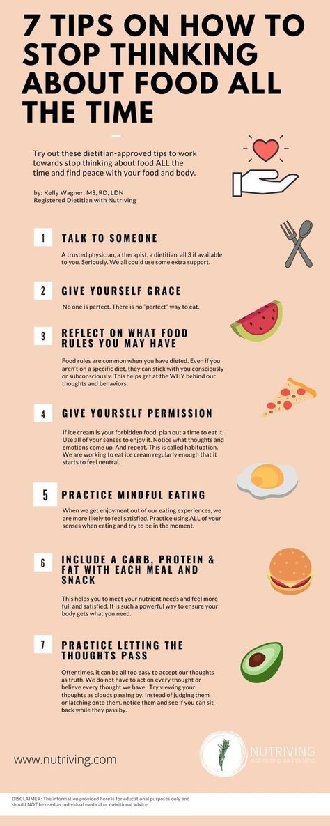 infographic with 7 tips on how to stop thinking about food all the time How To Stop Thinking, Recovery Food, Week Diet Plan, Stop Overeating, Food Rules, Reduce Body Fat, Registered Dietitian, Mindful Eating, Stop Thinking