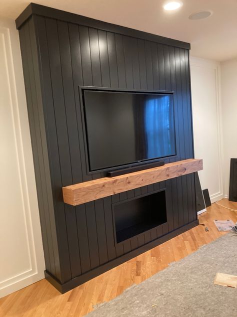 Basement Faux Fireplace, Fireplace Tv Wall Sound Bar, Electric Fireplace Tv Stand Wall, Diy Fireplace Electric Insert, Shiplap Media Wall, Garage Tv Ideas, Chimney Remodel, Wood Slat Tv Wall, Modern Electric Fireplace Ideas