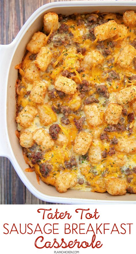 Tater Tot Sausage Breakfast Casserole | Plain Chicken® Tater Tot Sausage Breakfast Casserole, Sausage Breakfast Casserole, Best Breakfast Casserole, Tater Tot Breakfast, Diner Recept, Breakfast Party, Breakfast Casserole Easy, Breakfast Casserole Sausage, Tater Tots