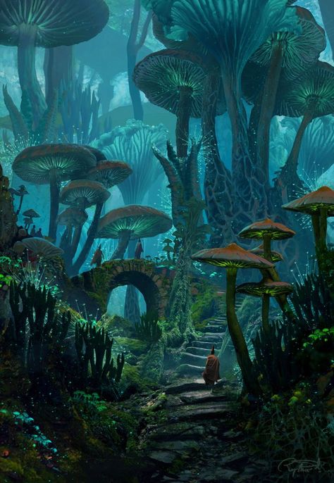 Raphael Lacoste, Forest Mushrooms, Futurisme Retro, Personaje Fantasy, Magic Forest, Fantasy Forest, Fantasy Setting, Fantasy Places, Fantasy Art Landscapes