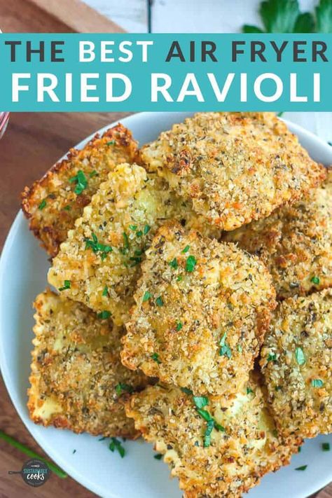 Airfry Ravioli Recipe, Healthy Game Day Desserts, Air Fry Ravioli, Airfryer Ravioli, Toasted Ravioli Air Fryer, Ravioli Air Fryer, Air Fried Ravioli, Air Fryer Toasted Ravioli, Air Fryer Recipes Healthy Dinners