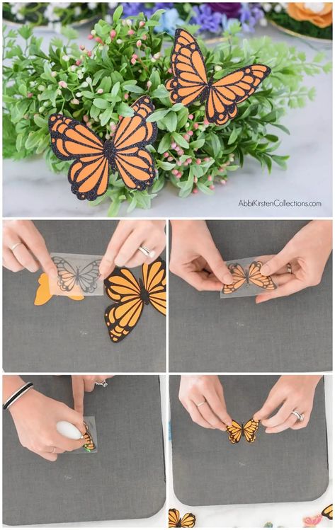 how to make DIY paper butterflies Make Paper Butterflies, Paper Butterfly Wall Art, Butterfly Wall Art Diy, Diy Paper Butterfly, Cricut Templates, Paper Flower Arrangements, Butterfly 3d, Butterfly Template, Diy Butterfly