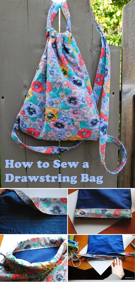 How to Sew a Drawstring Bag Draw String Backpack Pattern Free, Sew A Drawstring Bag, Drawstring Backpack Tutorial, Make A Drawstring Bag, Handbags Diy, Drawstring Bag Tutorials, Backpack Pattern Sewing, Backpack Sewing, Drawstring Bag Pattern