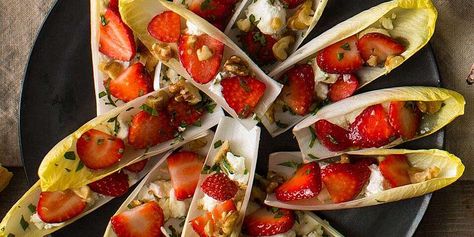 Endive with Goat Cheese, Strawberries & Walnuts Recipe | EatingWell Endive Appetizers, Healthy Party Food, Festive Appetizers, Make Ahead Appetizers, Bite Size Appetizers, Healthy Appetizer Recipes, Walnut Recipes, Vegetarian Appetizers, Christmas Appetizers