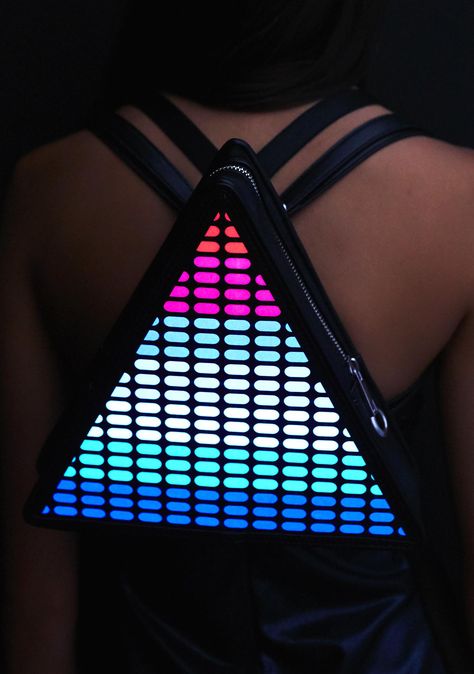 Club Exx Electronic Dance Backpack yer heart beats in time with the bass, bb...Be one with the music with this sikk af mini backpack featuring a smooth vinyl construction with multi-colored light rows, hole to thread your headphone cord through, adjustable straps and lights that sync up with the sounds around ya so yer lights will be flashing in time with the beatz! Cyberpunk Backpack, Desert Festival, Rave Gear, Sequin Backpack, Burning Man Fashion, Black Rock City, Unique Backpacks, Festival Trends, Fest Outfits