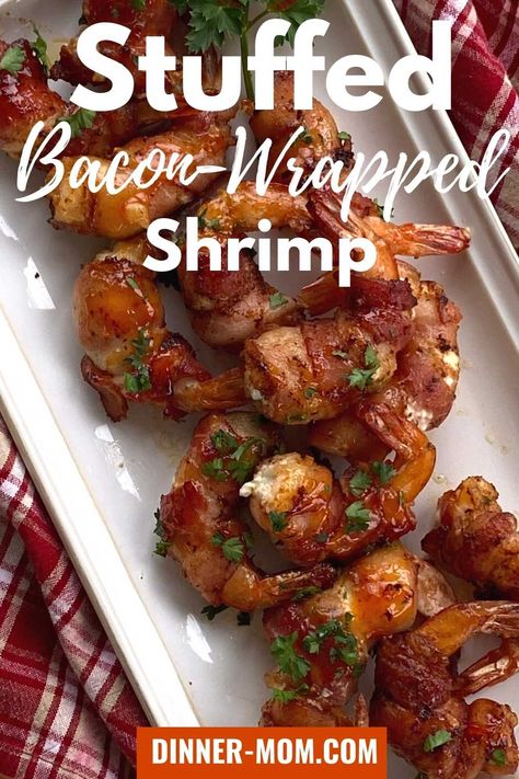 Stuffed Bacon-Wrapped Shrimp with cream cheese and jalapeños is an easy and impressive appetizer. This recipe has only 5 ingredients, making it a quick and delicious addition to any party menu. It's also low-carb and keto-friendly, so you can indulge without feeling guilty afterward! Potato Wrapped Shrimp, Jalapeno Cream Cheese Bacon Wrapped Shrimp, Jalapeno Bacon Wrapped Shrimp, Bacon Wrapped Shrimp With Cheese, Cream Cheese Stuffed Shrimp, Bacon Wrapped Shrimp With Jalapeno, Bacon Wrapped Shrimp In Oven, Stuffed Shrimp Wrapped In Bacon, Bacon Wrapped Shrimp Air Fryer