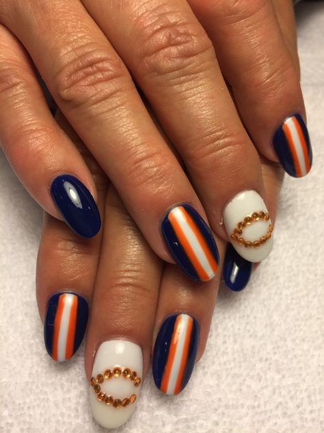 Got my Bears swag on.  Ready for Sunday!  Much luv to Amy Ton for yet another beautiful job.  GO BEARS! Chicago Bears Nail Designs, Chicago Bears Nails Art, Chicago Bears Nails, Bears Nails, Nail Stuff, Blue And Orange, Chicago Bears, Nails Art, Simple Nails