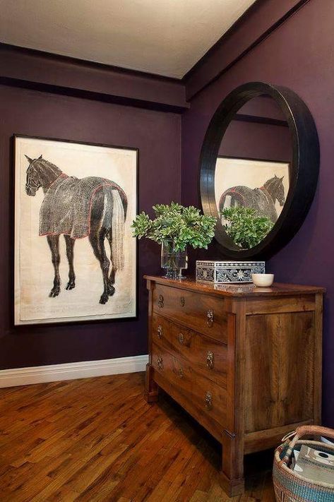 Hall Dresser, Equestrian Style Decor, Plum Walls, Apartment Entry, Greenwich Village Apartment, Design Walls, Equestrian Chic, Design Mirror, Equestrian Decor