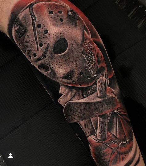 13 Ghosts Tattoo, Horror Movie Tattoos Ideas Sleeve, Jason Horror Tattoo, Jason Mask Tattoo Design, Michael Myers’s Tattoo, Grunge Tattoos Dark, Micheal Myers Tattoo Design, Jason Tattoo Design, Jason Voorhees Tattoo Designs