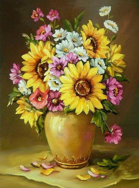 Sunflower Vase Painting, Sunflower Vase, Vase Painting, Lovely Flowers Wallpaper, Impasto Painting, Watercolor Sunflower, Nature Art Painting, Flower Art Painting, Arte Floral