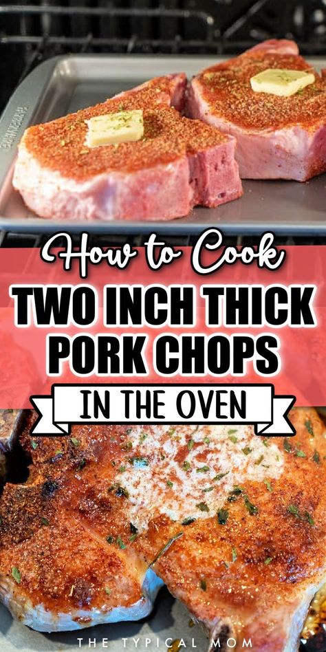 Looking for spring dinner ideas that are easy to make and bursting with flavor? Try our thick-cut pork chops! These juicy, tender cuts of meat are a cheaper alternative to steak, and with a killer dry rub and a quick bake in the oven, they're sure to impress. Whether you're cooking for a special occasion or just looking for a simple dinner, these 2” pork chops are a classic choice. Get ready to impress with this restaurant-quality recipe that's sure to become a new family favorite! How To Make Thick Pork Chops Tender, Thick Chops Recipe, Pan Seared Thick Pork Chops, Thick Pork Steak Recipes, Costco Pork Chops Recipe, Extra Thick Pork Chops, Thick Cut Pork Chop Recipes Baked, Tender Thick Pork Chop Recipes, Temp For Pork Chops