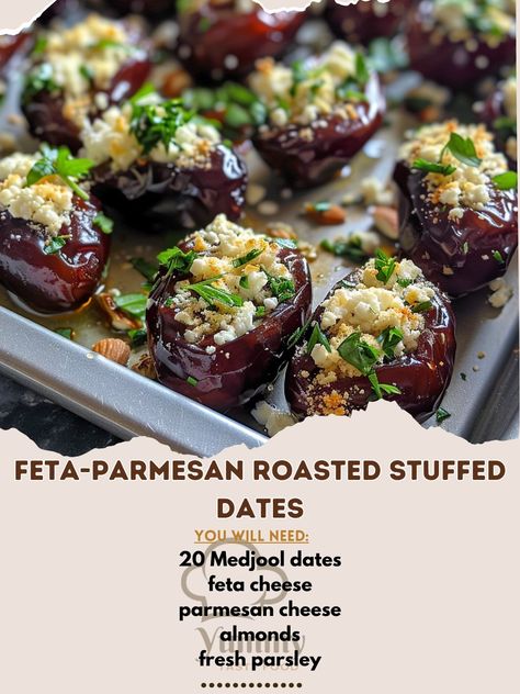 🧀🌴 Treat yourself to Feta-Parmesan Roasted Stuffed Dates! Sweet, savory, and oh-so-delicious. #StuffedDates #SweetAndSavory Feta-Parmesan Roasted Stuffed Dates Recipe 🌟 Ingredients: 20 Medjool dates, pitted (about 200g) 100g feta cheese, crumbled 50g parmesan cheese, grated 50g almonds, chopped 5g fresh parsley, chopped 15ml olive oil Salt and pepper to taste Instructions: Preheat your oven to 180°C (350°F). In a bowl, mix together feta cheese, parmesan cheese, chopped almonds, parsley, o... Date Canapes, Feta Parmesan Roasted Stuffed Dates, Date Recipes Medjool Savory, Stuffed Medjool Date Recipes, Roasted Stuffed Dates, Roasted Dates, Date Appetizers, Nibbles For Party, Stuffed Dates