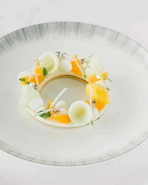 Terragon Apple, Yuzu, Mandarin dessert photography by @adindadeboer Yuzu Desserts, Finedining Dessert, Yuzu Dessert, Mandarin Dessert, Desserts Fine Dining, Orange Plated Dessert, Yuzu Plated Dessert, French Desserts Easy, Plating Design