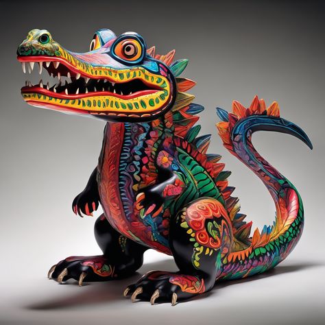 Los alebrijes son una forma de arte popular mexicana que se originó en la Ciudad de México en la década de 1930. Estas coloridas esculturas de madera tallada a mano representan criaturas fantásticas y mitológicas, como dragones, serpientes y aves, y a menudo están decoradas con patrones geométricos y colores brillantes. Esta imagen fue generada con IA. #escultura #IA #Arte #cocodrilo #art #sculpture Power Animal, Clay Baby, Pinturas Disney, Cosplay Characters, Arte Popular, Mexican Folk Art, Animal Sculptures, Art Auction, Art Sculpture