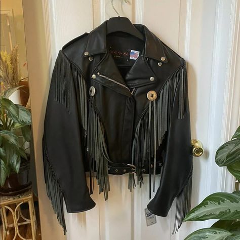 Schott Dur O Jac Fringe Motorcycle Jacket Black Leather Size M / 10 Usa. Condition Is "New With Tags". Bad Ass!! One Of A Kind, Prototype Leather Jacket With Fringe. Black Fringe Jacket, Leather Jacket With Fringe, Denim Painting, Fringe Coat, Leather Fringe Jacket, Diy Clothes Accessories, Fringe Coats, Black Leather Motorcycle Jacket, Black Leather Moto Jacket