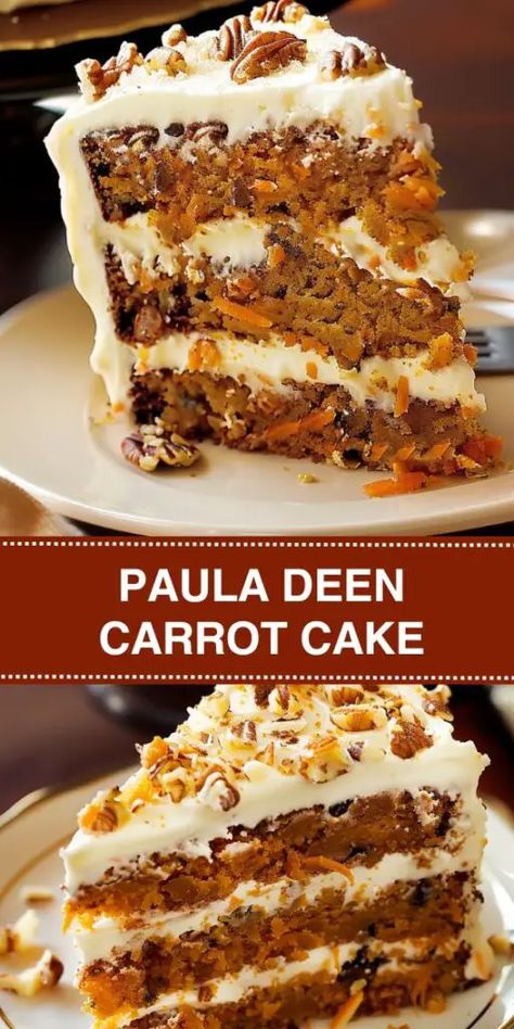 Try Paula Deen's Carrot Cake recipe for a delicious dessert that's perfect for any occasion. Made with freshly grated carrots, chopped pecans, and a rich cream cheese frosting, this moist and flavorful cake is easy Paula Deen Carrot Cake, Creamy Chicken Bake, Slow Cooker Apple Butter, Homemade Carrot Cake, Pumpkin Cream Cheese Muffins, Moist Carrot Cakes, Peanut Butter No Bake, Hot Chocolate Cookies, Best Carrot Cake