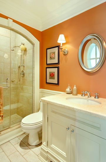 Warm orange and creamy white bathroom with white countertop. Gorgeous. Traditional Bathroom Designs, Orange Bathrooms, Bathroom Paint Colors, Orange Walls, Bathroom Color, Downstairs Bathroom, Ideas Pictures, Bathroom Colors, Traditional Bathroom