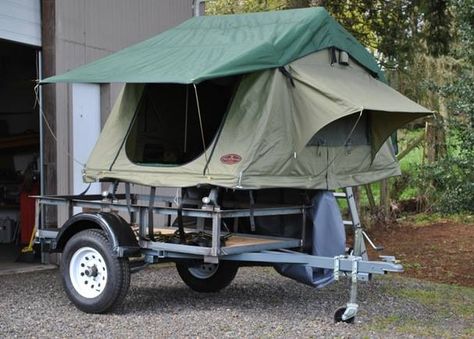 Have a utility trailer and thinking about budget friendly ways to upgrade from sleeping on the ground?  Make yourself a “Utilitarian”, convert your utility trailer into a multi-purpose Tent Topped Camping Trailer with a Top-Tent.com Tent Units. Here a thread going on Tventuring with examples and ideas http://tventuring.com/trailerforum/thread-111.html Diy Tent Trailer, Diy Tent Camping, Utility Trailer Camper, Camping Trailer Ideas, Tent Trailers, Tent Platform, Compact Camping, Camping Trailer Diy, Jeep Trailer