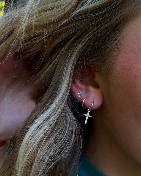 🩶CROSS EARRING SET🩶 This Cross Earring Set is made with gold fill or sterling silver and includes 3 earring pairs. Pair 1 is endless hoops with a cross pendant, pair 2 is endless hoops, and pair 3 is cross studs. The cross studs include both a metal and rubber backing. Why did tayo designs design this earring set? Do you ever love a piece of jewelry, but wish it had more meaning behind it? We designed this earring set because we wanted to wear something trendy but still be able to ex... Cross Earrings Aesthetic, Cross Earring, Earrings Aesthetic, Cross Earrings, Cross Jewelry, A Cross, Girly Jewelry, Silver Cross, The Cross