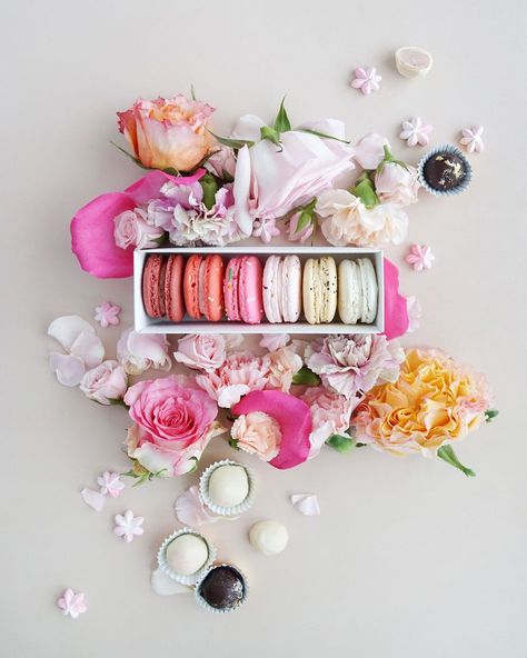 macarons. Floral Flatlay, Kue Macaroon, Food Photography Inspiration, Cake Photography, Flat Lay Photography, Food Photography Styling, Instagram Photography, Pavlova, Beautiful Food