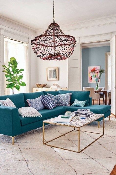 living room Teal Sofa Living Room, Turquoise Living Room Decor, Living Room Turquoise, Teal Living Rooms, Teal Sofa, Red Sofa, Teal Yellow, Blue Living Room, Gray Interior