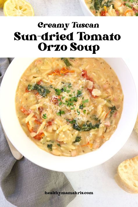 Sun Dried Tomato Orzo, Tomato Orzo Soup, Sundried Tomato Recipes, Tomato Orzo, Pesto Soup, Creamy Orzo, Sundried Tomato Pasta, Sundried Tomato Pesto, Tuscan Soup