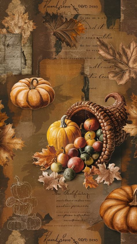 Dive into the warmth and nostalgia of a classic fall celebration with our Vintage Thanksgiving Wallpaper Aesthetic. This richly textured background showcases muted, earthy tones like burnt orange, antique gold, and deep brown. Adorned with beautifully detailed pumpkins, cornucopias filled with harvest fruits, vintage harvest motifs, and elegant hand-drawn illustrations of fall leaves, this wallpaper exudes the charm of a timeless Thanksgiving. Subtle overlays of aged paper texture and faded script further enhance the antique feel, making it the perfect backdrop for your seasonal joy. Vintage Fall Backgrounds, Thanksgiving Wallpaper Aesthetic, Burnt Orange Wallpaper, Fall Core, Aged Paper, Thanksgiving Wallpaper, Vintage Thanksgiving, Fall Background, Orange Wallpaper