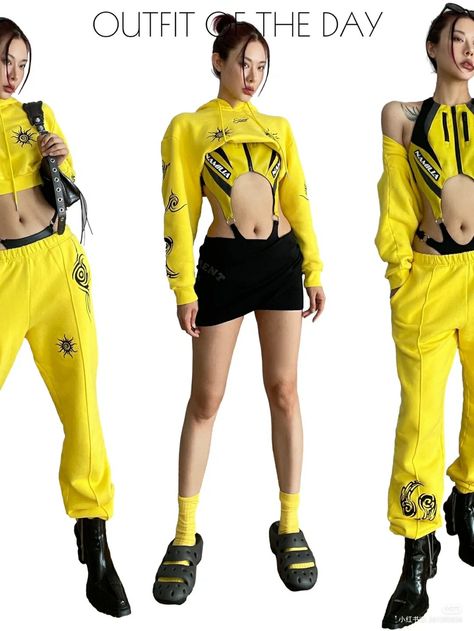 Urban Goth Fashion, Future Outfit Design, 80s Fashion Runway, Cyberpunk Cute Outfit, Yellow Cyberpunk Outfit, Cyberpunk Women Outfits, Neo Futurism Fashion, Cyberwear Fashion, Cyberpunk Fashion Aesthetic