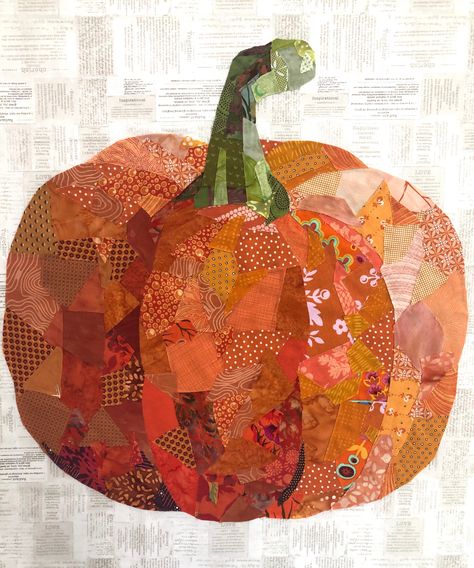 Halloween Fabric Wall Hanging, Collage Quilter, Pumpkin Collage, Pattern Collage, Fabric Artwork, Harvest Pumpkin, Collage Art Projects, Paper Collage Art, Fall Quilts