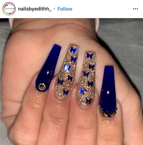 Dark Blue And Gold Nails Acrylic, Navy Blue Nails Acrylic Coffin Long, Nails Royal Blue And Gold, Navy Blue And Gold Nails Acrylic, Royal Blue Acrylic Nails Glitter, Royal Blue Nails With Gold, Royal Blue And Gold Acrylic Nails, Dark Blue Acrylic Nails Design, Royal Blue And Gold Nails