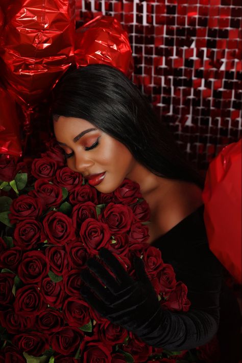 Red roses Valentine day photoshoot. Black girl Valentine day shoot. Roses. Black girl in luxury Red Flowers Photoshoot, Valentine Day Photoshoot Black Women, Galentines Shoot, Valentine Day Photoshoot, Vampire Shoot, Roses Photoshoot, Rose Vampire, Day Photoshoot, Vday Shoot