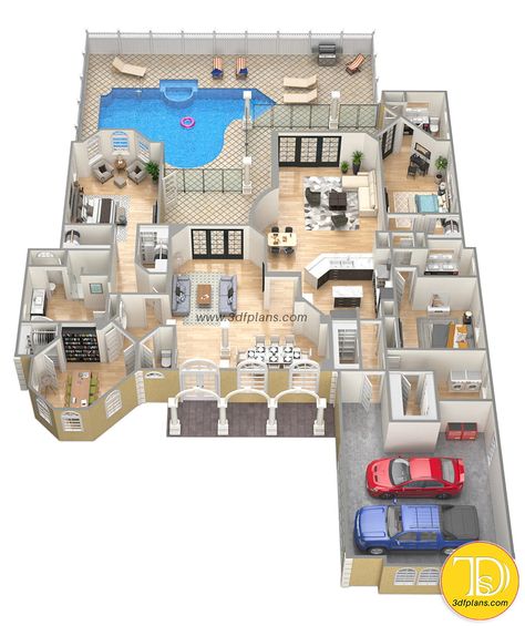 Clean Pool, Room Decor For Men, Rumah Moden, Rendered Floor Plan, Pelan Rumah, 3d House Plans, Home Staging Tips, Casas The Sims 4, Sims House Plans