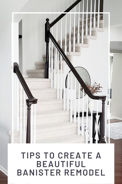 Double Banister Stairs, Black Painted Railing, Painting Banisters Railings White, Paint Staircase Black, Black Bannister Rail White Spindles, Black Banister Ideas, Dark Bannister Light Floor, Paint Stair Railing Black, Black Painted Stair Railing