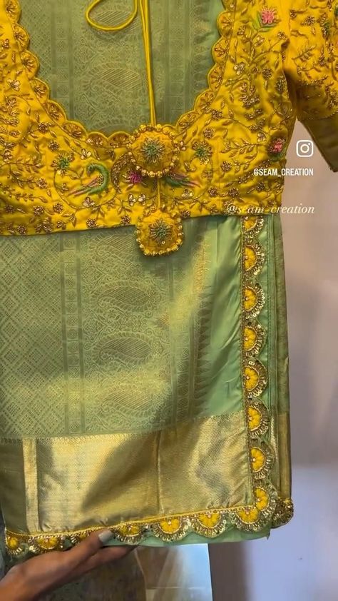 Yellow Pattu Blouse Maggam Work Designs, Silk Saree Work Designs, Aari Blouse Border Design, New Bridal Saree Collection, Yellow Pattu Saree Blouse Designs, Pattu Saree Blouse Designs Maggam Work Latest Bridal, Pattusarees Latest, Maggam Work On Yellow Blouse, Pattu Saree Maggam Work Designs