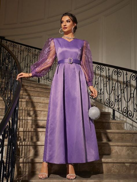 Satin Dress With Organza Sleeves, Purple Frocks For Women, Purple Long Frocks, Purple Dress Outfit Wedding, Purple Dress Outfit Party Classy, Purple Dress Outfit Party, Simple Purple Dress, Purple Dress Outfit, Lavender Purple Dress