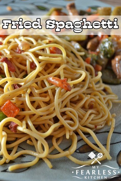 Fried Spaghetti from My Fearless Kitchen. Are you looking for a fast and easy new side dish recipe? Pack this Fried Spaghetti recipe with extra veggies and pair it with your favorite meals! Stir Fry Spaghetti Noodles, Fried Spaghetti Noodles, Fried Pasta Recipes, Fried Spaghetti Recipe, Fried Fish And Spaghetti, Working Mom Meals, Fried Spaghetti, Easy Supper Recipes, Fried Pasta