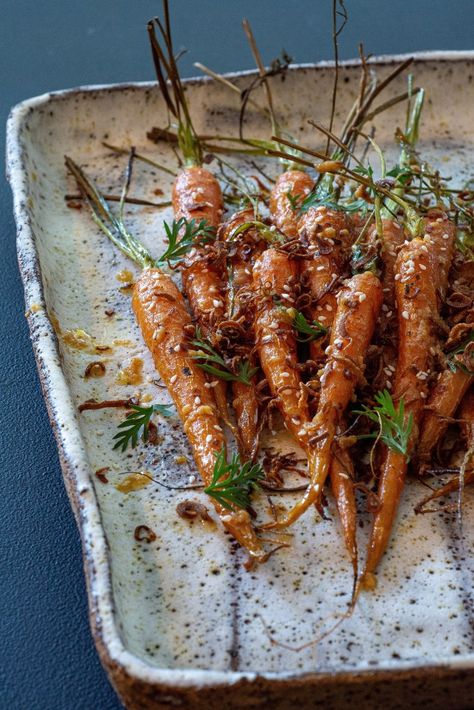 Miso Glazed Carrots, Maple Carrots, Maple Roasted Carrots, Glazed Carrots Recipe, Maple Glazed Carrots, Rhubarb Compote, Miso Butter, Miso Glaze, Red Miso