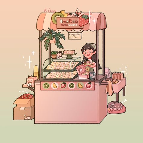 2d Isometric, Cute Food Art, Cute Cafe, Artist Alley, Japon Illustration, Food Cart, Cute Kawaii Drawings, Art Programs, Kawaii Shop