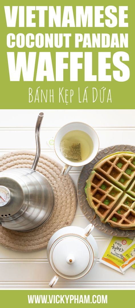 Coconut Pandan Waffles, Pandan Waffles Vietnamese, Pandan Waffle Recipe Vietnamese Dessert, Vietnamese Pandan Waffle Recipe, Pandan Waffle Recipe, Vietnamese Sweets, Pandan Waffles, Thai Desert, Vietnamese Recipes Chicken