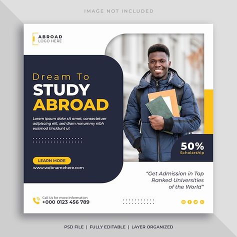 Study abroad social media post or educat... | Premium Psd #Freepik #psd #university-admission #college-admission #admission #study-post About Study, Admissions Poster, Facebook Post Design, Instagram Banner, University Admissions, Studying Abroad, School Admissions, Social Media Poster, Special Education Classroom