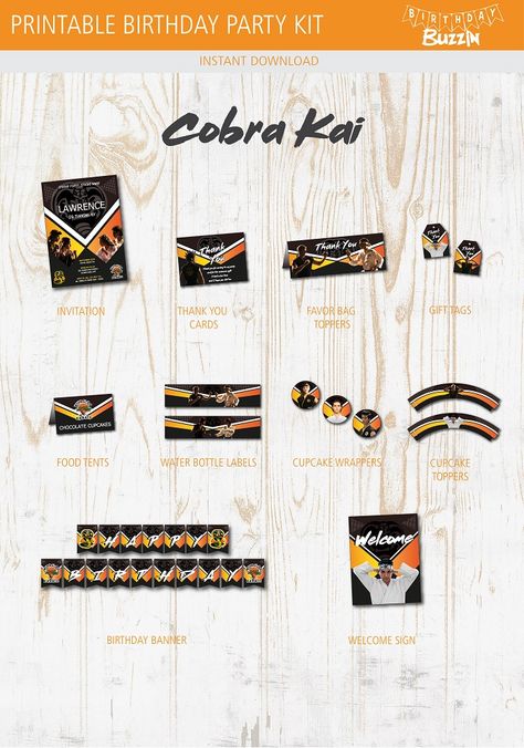 Cobra Kai Birthday Party Printable Kit | Birthday Buzzin Cobra Kai Party, Cobra Kai Birthday Party Ideas, Favor Bag Toppers, Food Tent, Bag Toppers, Card Toppers, Party Kit, Favor Bag, Party Items