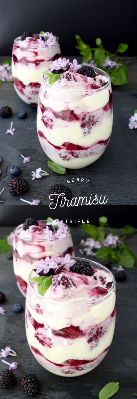 Tiramisu Trifle Recipe, Blueberry Puree, Berry Tiramisu, Tiramisu Trifle, Crunchy Food, Berry Trifle, Mascarpone Cream, Trifle Desserts, Brownie Desserts