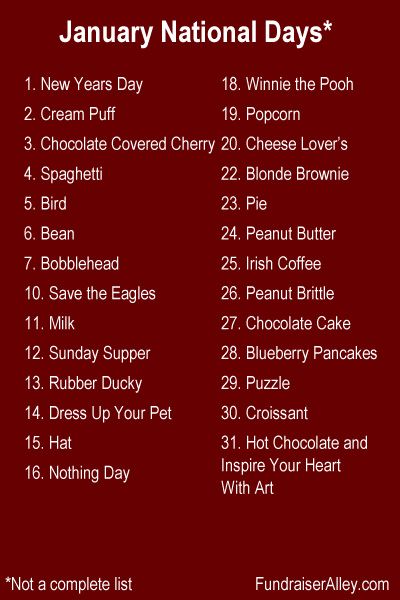 January National Days: This list includes 31 List of National Days to celebrate in January. This is not a complete list. There are National Days for each day of the month, and most days have more than one celebration. #nationaldays January National Days, List Of National Days, National Celebration Days, Monthly Holidays, National Pie Day, National Holiday Calendar, National Chocolate Cake Day, Funny Holidays, Silly Holidays