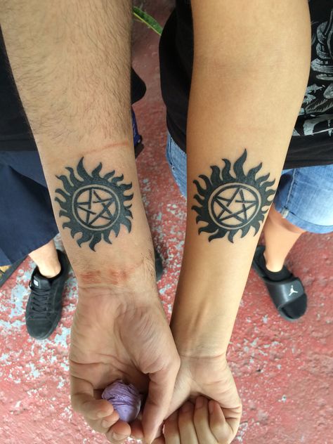 Mine & my brother's matching Supernatural tattoo. Supernatural Couple Tattoos, Supernatural Best Friend Tattoos, Brother And Sister Tattoo Ideas Small Funny, Supernatural Matching Tattoos, Supernatural Tattoo Ideas, Supernatural Tattoos, Matching Cousin Tattoos, Sister Tats, Brother Tattoo