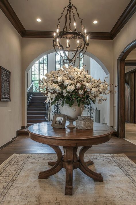 Circular Entryway Ideas, Entryway Round Table Decor, Round Foyer Table Decor Entryway, Elegant Entryway Ideas Luxury, Round Table Decor Ideas, Entryway Round Table, Luxury Foyer Entrance, Round Foyer, Foyer Designs