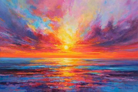 Sunset Oil Painting, Abstract Ocean Painting, Modern Art Canvas Painting, Watercolor Sunset, Acrylic Painting Tutorials, Cloud Painting, Ocean Painting, Abstract Nature, Abstract Painting Acrylic