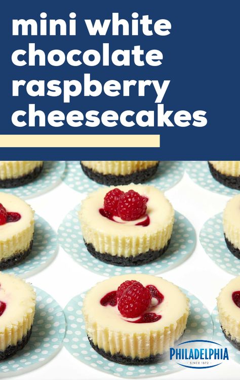 Mini White Chocolate-Raspberry Cheesecakes – To bring a fruity twist to your next special occasion, check out this mini cheesecake recipe. Featuring fresh fruit, this dessert pops with bright flavors. White Chocolate Mini Cheesecakes, Dessert Pops, Raspberry Cheesecakes, Health Dessert Recipes, Mocha Cheesecake, Fruit Cheesecake, Philadelphia Recipes, White Chocolate Raspberry Cheesecake, Chocolate Raspberry Cheesecake